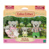 Calico Critters Koala Family playset features soft gray flocked koala figures in floral fabric dress, plaid shirt, and pastel outfits displayed in retail box with garden backdrop.
