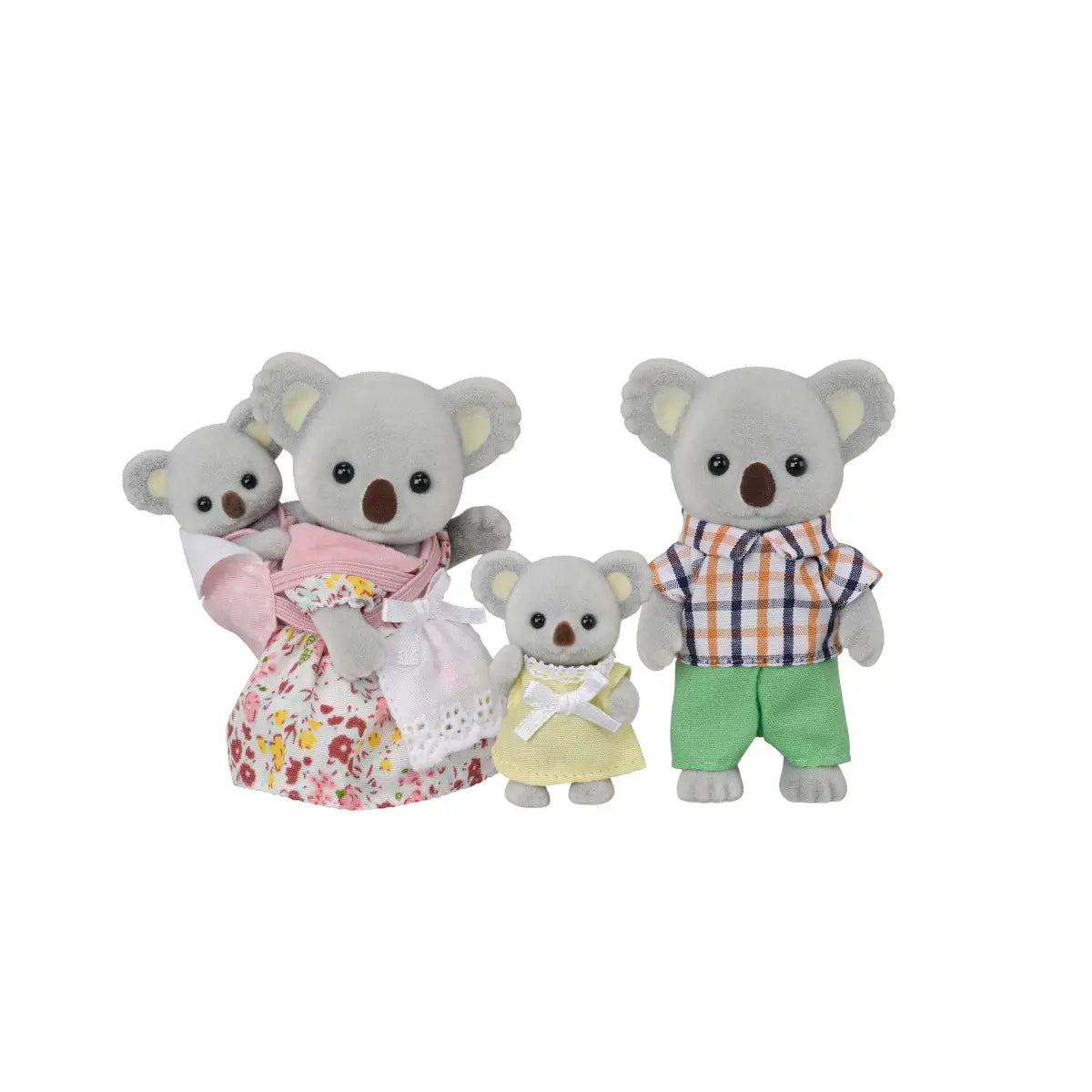 Calico Critters Koala Family toy set includes soft gray flocked koala figures in pink floral dress, yellow baby outfit, and plaid shirt with green shorts on white background.