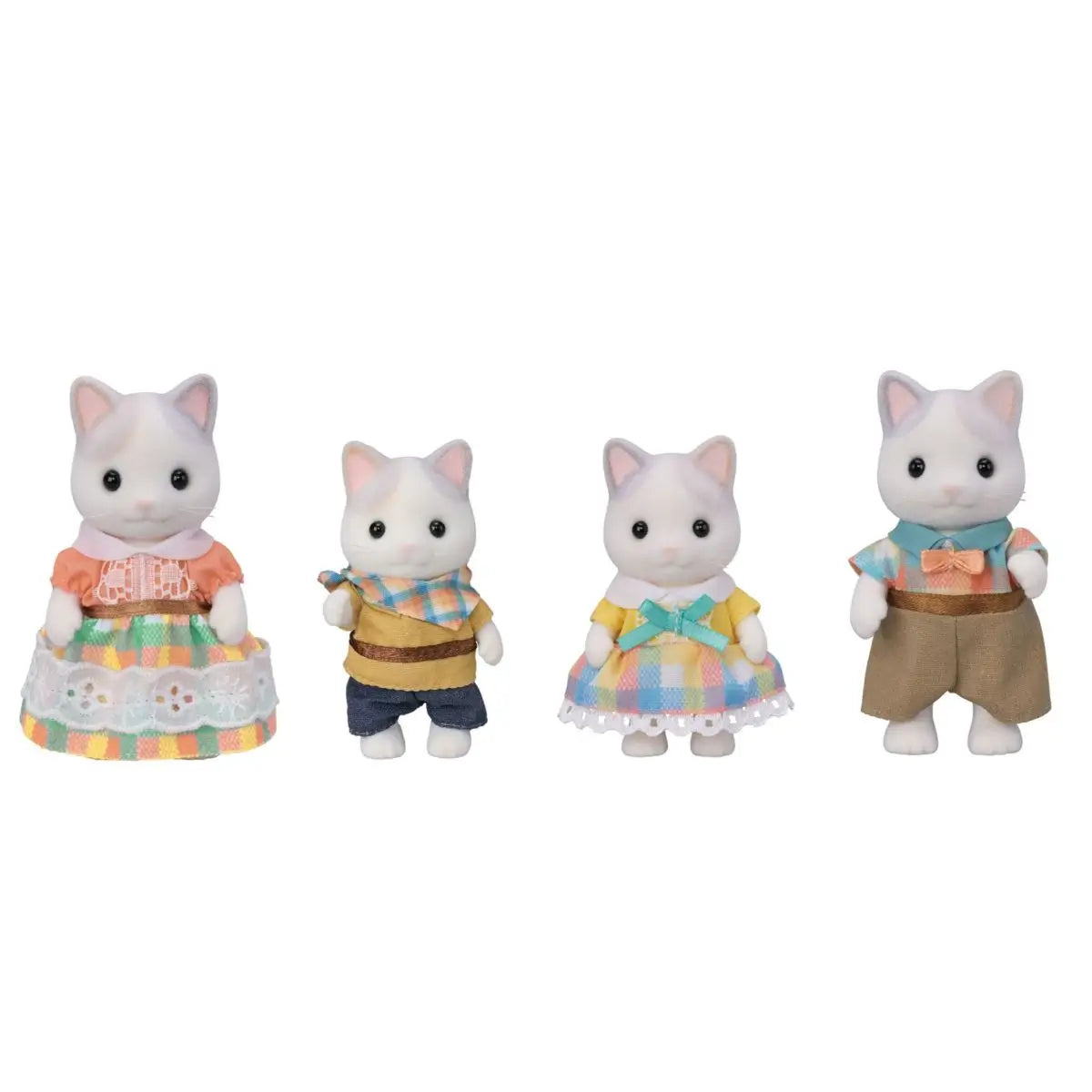 Calico Critters Latte Cat Family set features white flocked cat figures wearing pastel plaid dresses, lace trim skirt, yellow top, denim pants, and bow tie accents displayed on white background.