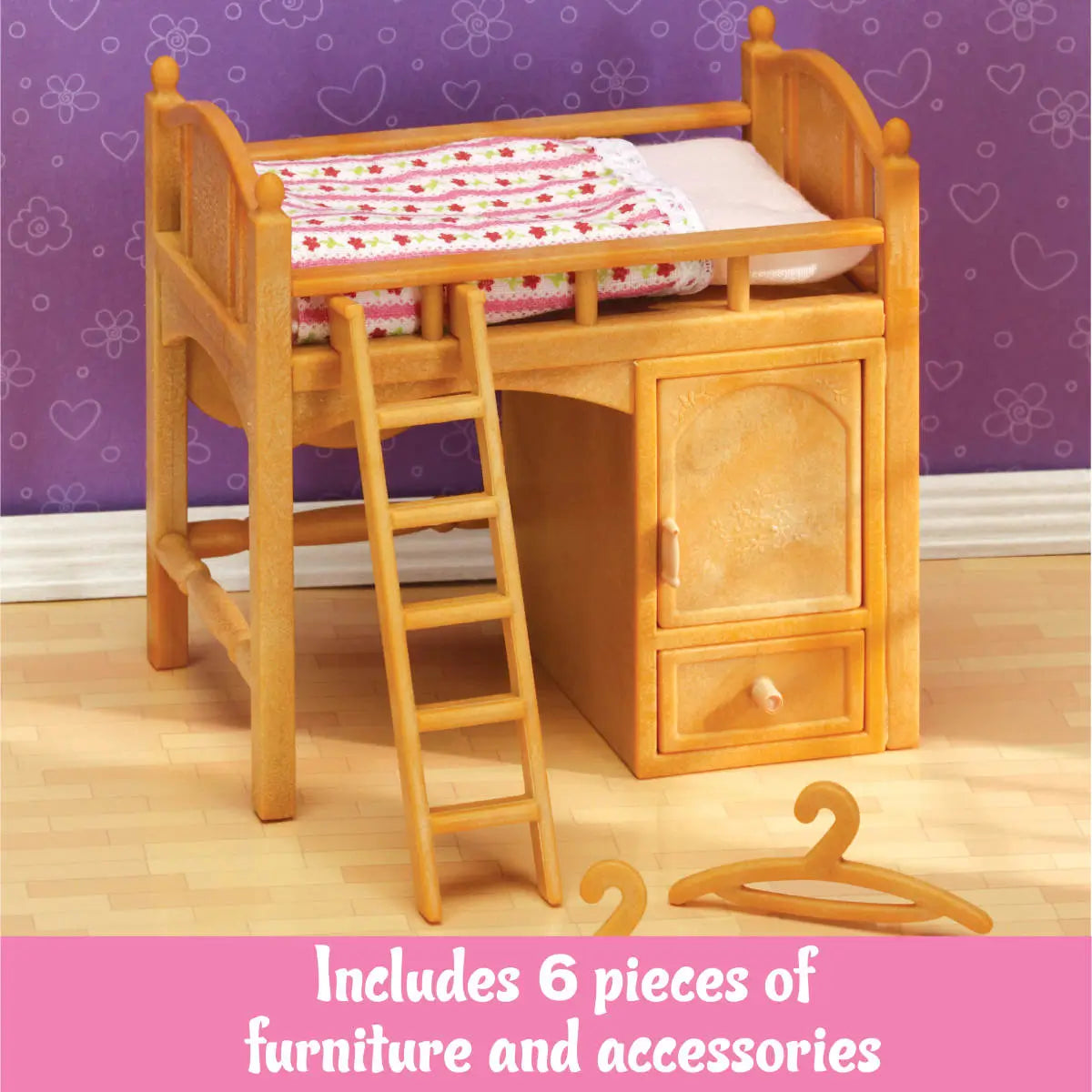 Close-up of Calico Critters loft bed furniture set including wooden loft bed, ladder, cabinet with drawer, floral bedding, and two miniature wooden hangers on floor.