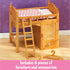 Close-up of Calico Critters loft bed furniture set including wooden loft bed, ladder, cabinet with drawer, floral bedding, and two miniature wooden hangers on floor.