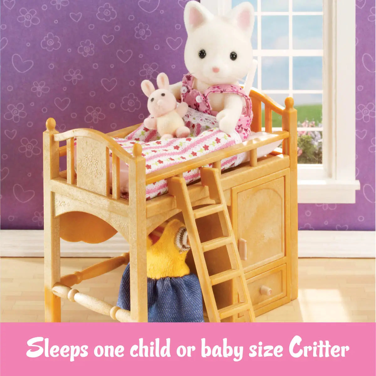 Wooden Calico Critters loft bed with floral bedding and ladder, shown with a white cat child figure holding a small bunny plush, demonstrating bed size for baby or child critters.