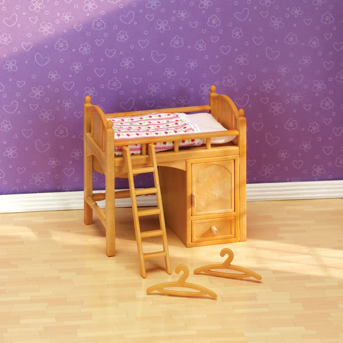 Calico Critters wooden loft bed with ladder, cabinet door, bottom drawer, and two small hangers placed on a light wood floor against purple patterned wallpaper.
