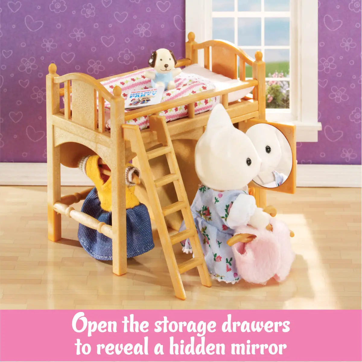 Calico Critters loft bed with cabinet door open revealing hidden circular mirror, shown with white cat figure holding a pink fluffy accessory in a purple bedroom scene.