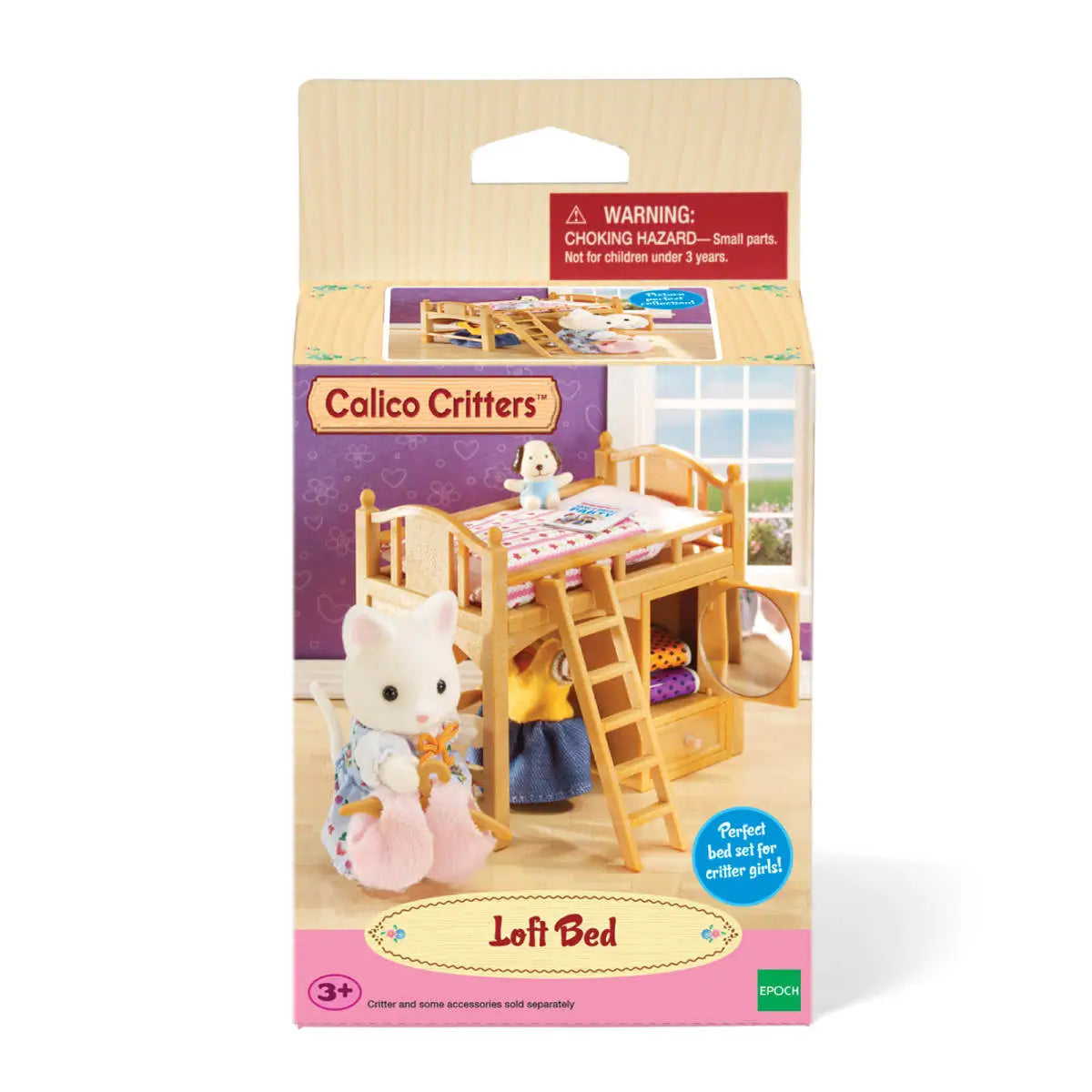Calico Critters Loft Bed furniture set retail packaging showing wooden loft-style bed with ladder, storage cabinet, and mirror, displayed with a white cat figure in a purple bedroom setting.