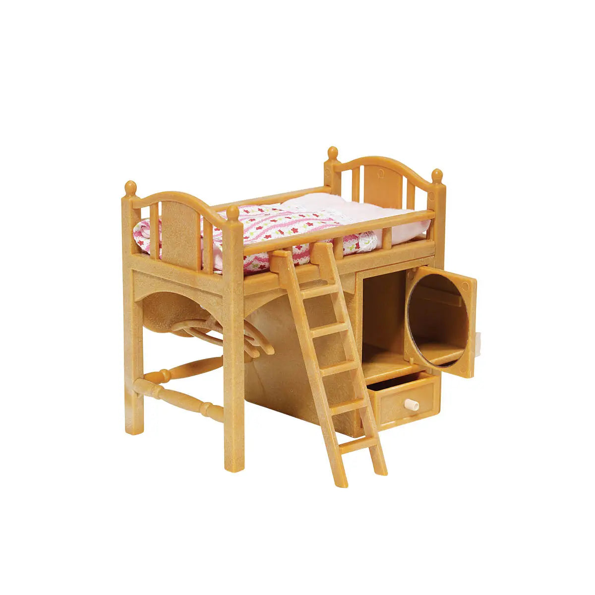 Standalone Calico Critters loft bed furniture piece featuring floral mattress, ladder access, lower cabinet with drawer, and circular hidden mirror inside the cabinet door on white background.