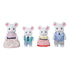 Calico Critters Marshmallow Mouse Family figures in white flocked finish with round ears and black bead eyes, wearing pastel outfits for dollhouse play on white background.