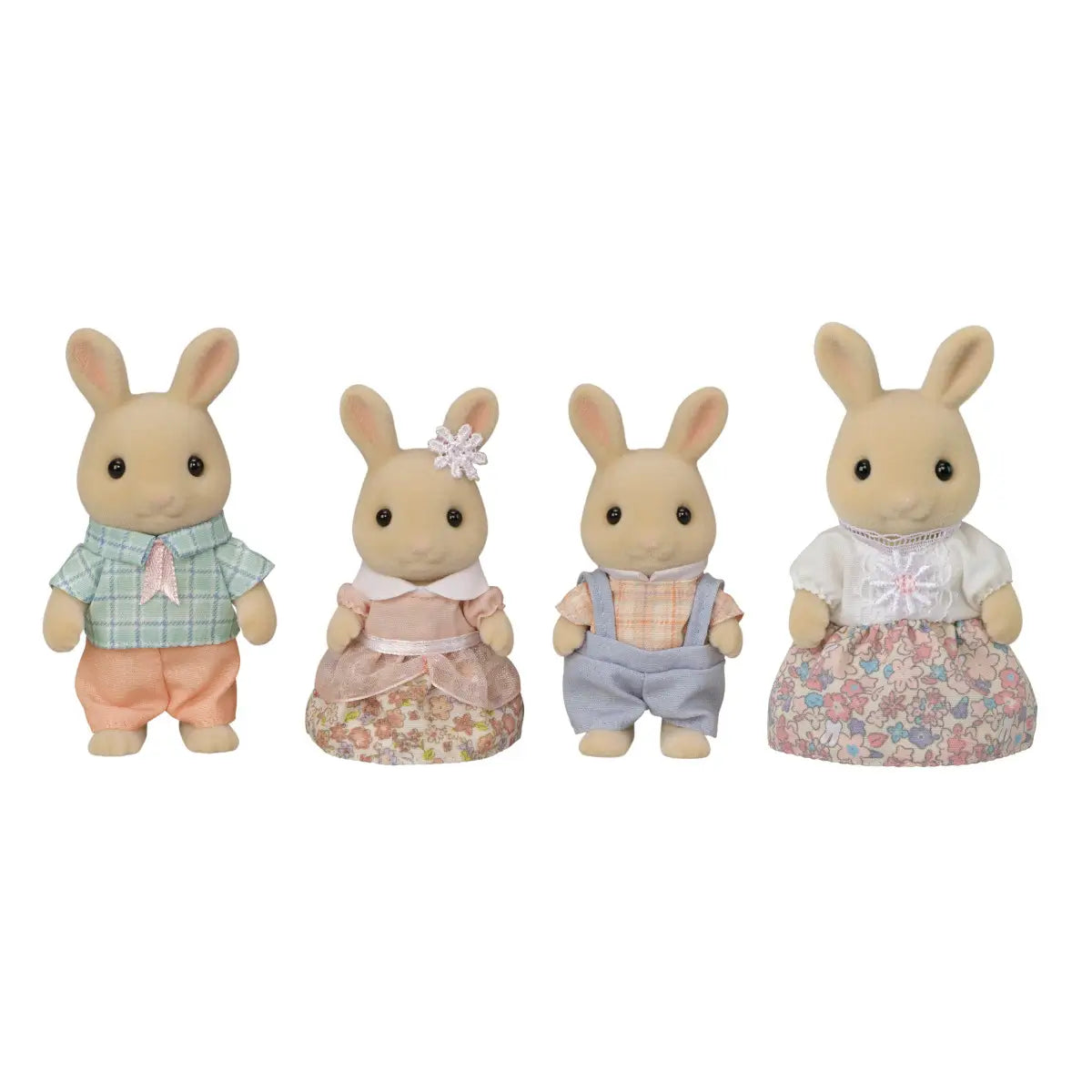 Calico Critters Milk Rabbit Family characters include cream flocked rabbits in mint plaid top, pink dress with floral skirt, blue suspenders, and lace blouse with floral print skirt on white.