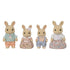 Calico Critters Milk Rabbit Family characters include cream flocked rabbits in mint plaid top, pink dress with floral skirt, blue suspenders, and lace blouse with floral print skirt on white.