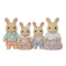 Calico Critters Milk Rabbit Family set features cream flocked rabbit figures wearing pastel plaid shirt, peach pants, floral dresses, lace blouse, and blue suspenders displayed on white background.