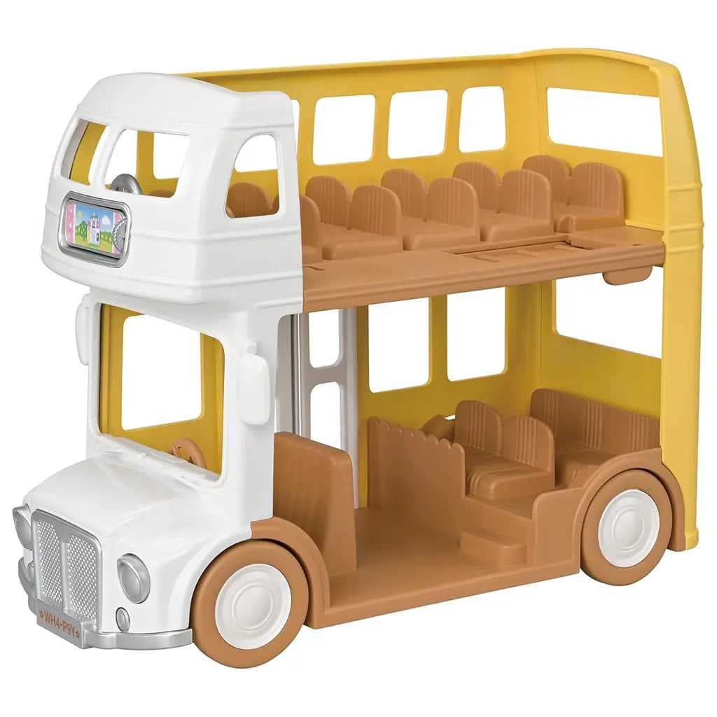 Yellow and white Calico Critters Nursery Double Decker Bus toy with brown interior seats and open design, featuring an upper and lower deck for animal figures, displayed on a white background.