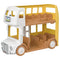 Yellow and white Calico Critters Nursery Double Decker Bus toy with brown interior seats and open design, featuring an upper and lower deck for animal figures, displayed on a white background.