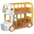 Yellow and white Calico Critters Nursery Double Decker Bus toy with brown interior seats and open design, featuring an upper and lower deck for animal figures, displayed on a white background.