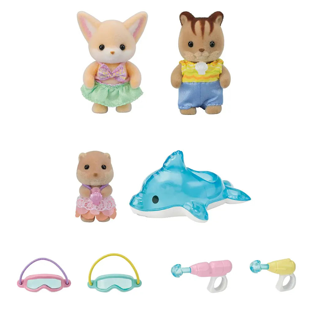 Calico Critters Pool Fun Trio set showing fennec fox, chipmunk, and baby hamster figures with swimsuits, goggles, water blasters, and a blue dolphin-shaped float toy.