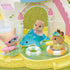 Calico Critters Pool Fun Trio figures enjoy water play in a yellow castle pool with goggles, blasters, floats, and a dolphin float while splashing in a playset scene.
