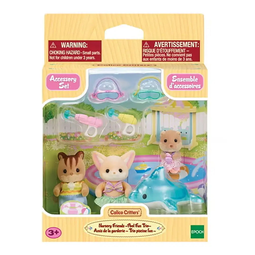 Retail packaging of Calico Critters Nursery Friends Pool Fun Trio showing three animal figures in swimsuits with goggles, blasters, and dolphin float displayed in clear window.