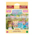 Retail packaging of Calico Critters Nursery Friends Pool Fun Trio showing three animal figures in swimsuits with goggles, blasters, and dolphin float displayed in clear window.