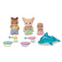 Calico Critters Nursery Friends Pool Fun Trio with three small animal figures dressed in swimsuits, colorful goggles, water toys, and a blue dolphin float accessory.
