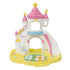 Assembled Calico Critters pastel castle playset with pool insert and two floating rings, featuring pink turrets, rainbow arch, music note details, and yellow base platform.