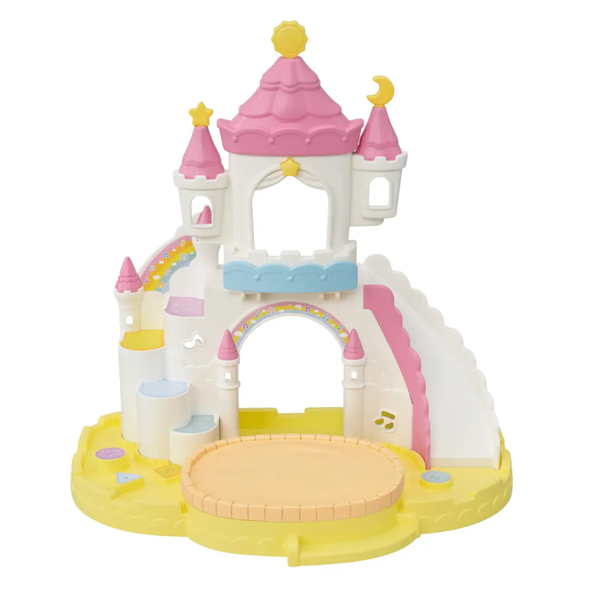 Calico Critters nursery castle playset assembled with round stage platform attached, showing pastel pink turrets, rainbow accents, slide, and yellow base.