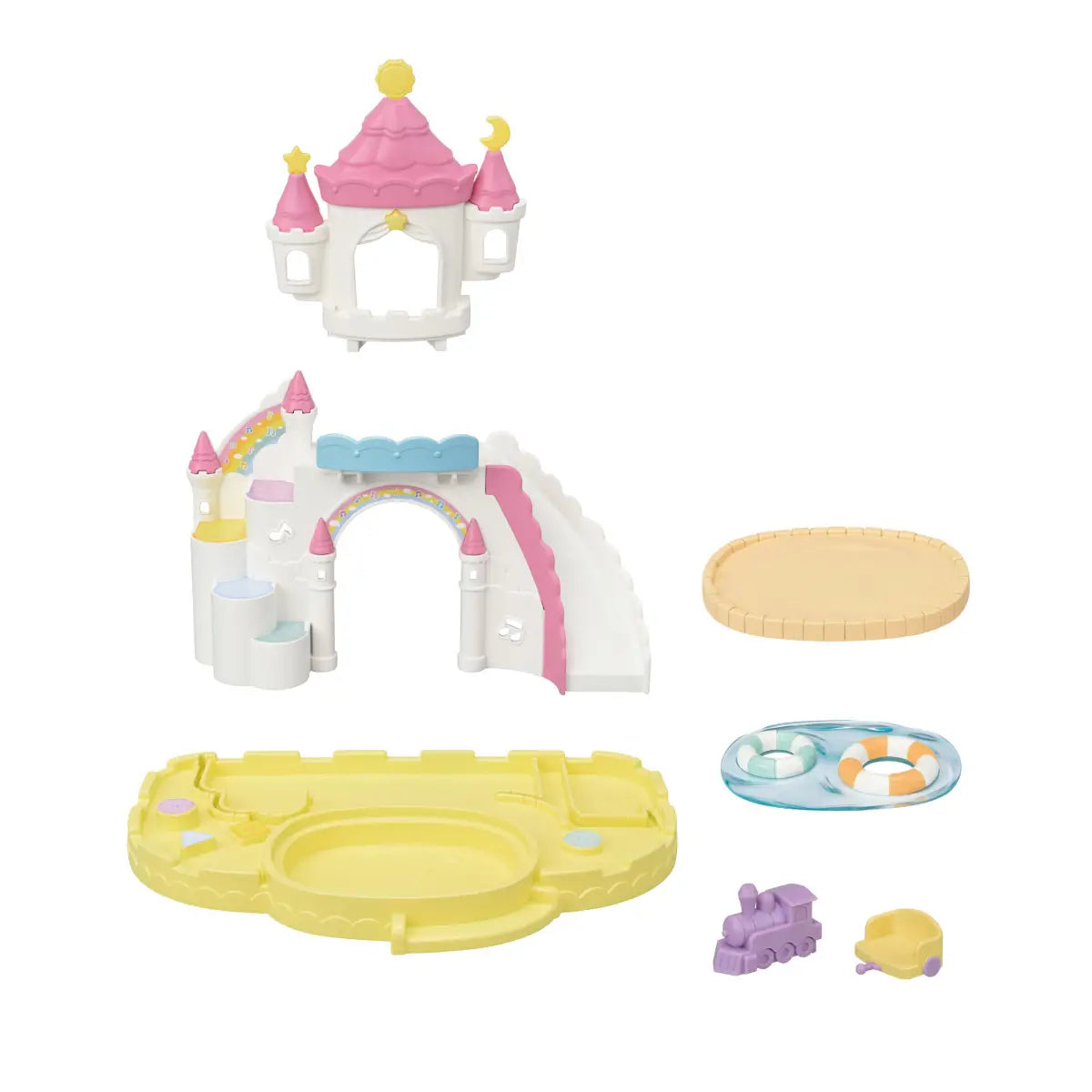Disassembled view of Calico Critters nursery sandbox and pool playset showing castle tower pieces, slide section, base platform, round stage, pool insert with float rings, purple toy train, and small cart accessory.
