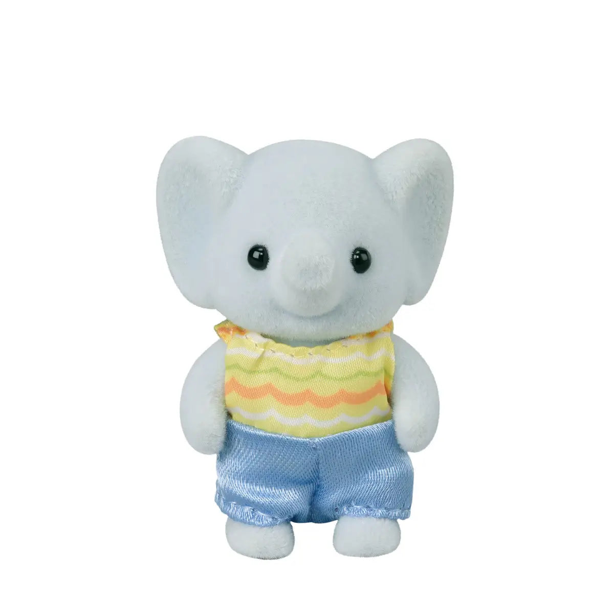 Close-up of baby elephant Calico Critters figure wearing a yellow striped top and blue shorts, shown on a white background.