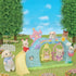 Calico Critters baby figures play on pastel Nursery Swing set with yellow slide, butterfly and bee swings, rainbow arch, and castle accents in grassy outdoor scene.