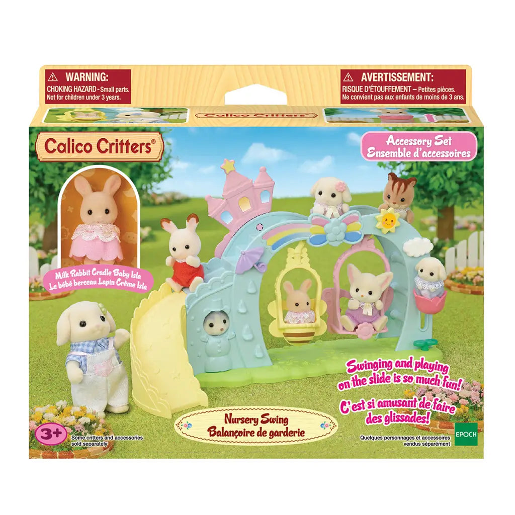 Retail packaging of Calico Critters Nursery Swing featuring pastel rainbow arch playset with swings, slide, rabbit figure, and other critters pictured on grassy background.