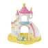 Calico Critters Nursery playset showing pastel castle with pink turrets, rainbow arch, water pool, and floats for animal figures in a yellow base structure.