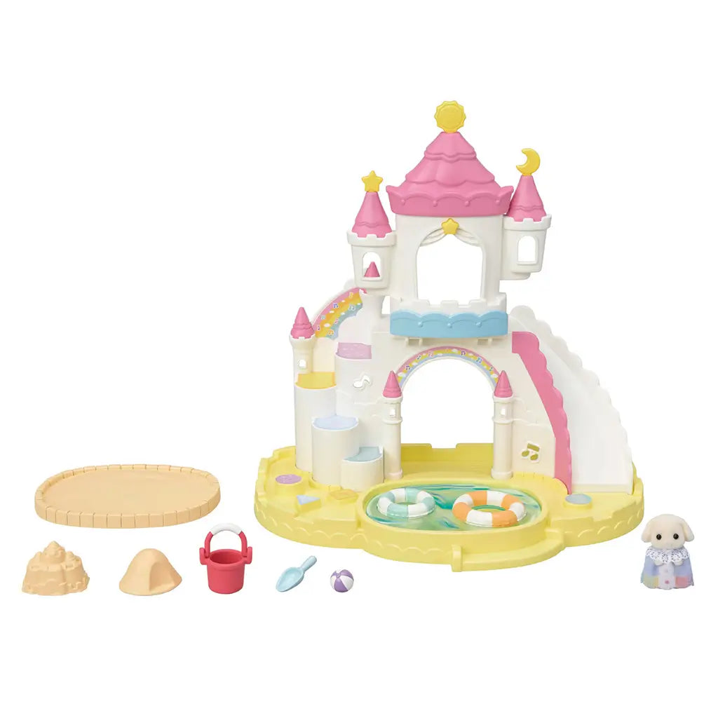 Calico Critters Nursery Sandbox & Pool set with pastel castle tower, yellow base, pool floats, sandbox, bucket, ball, and baby animal figure included in accessories.