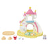 Calico Critters Nursery Sandbox & Pool set with pastel castle tower, yellow base, pool floats, sandbox, bucket, ball, and baby animal figure included in accessories.
