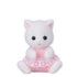 Calico Critters Persian Cat twin has white flocked fur, black eyes and pink ears, wearing a pink romper with white lace trim while seated on a white background.