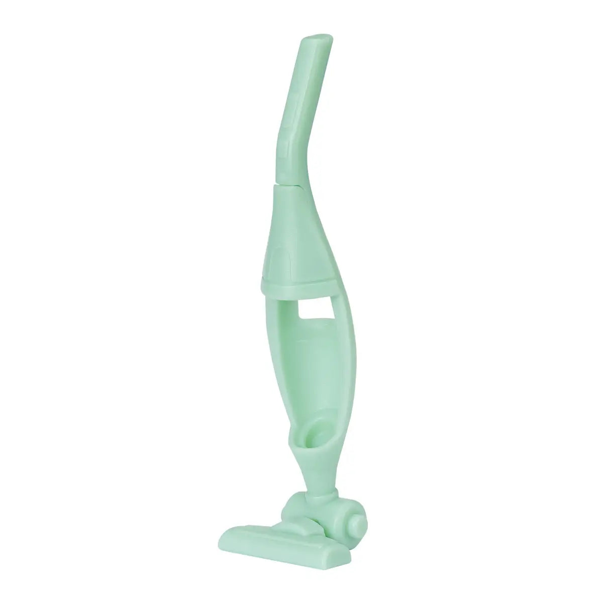 Calico Critters upright vacuum accessory shows mint green plastic body with slim handle, curved nozzle, and compact base for dollhouse cleaning play on white background.