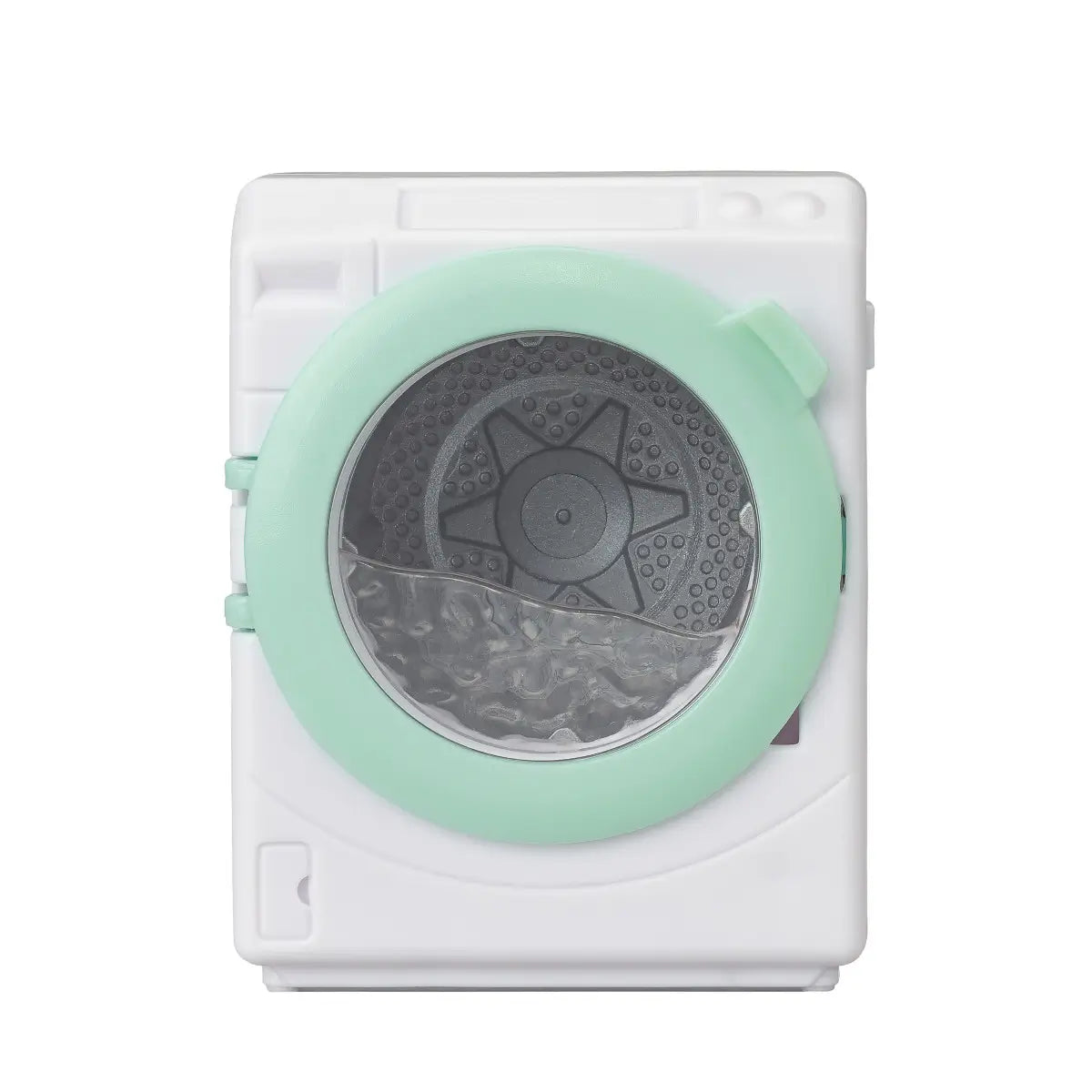 Calico Critters washing machine features white plastic body with mint green circular door and textured gray drum window designed for dollhouse laundry scenes on white background.