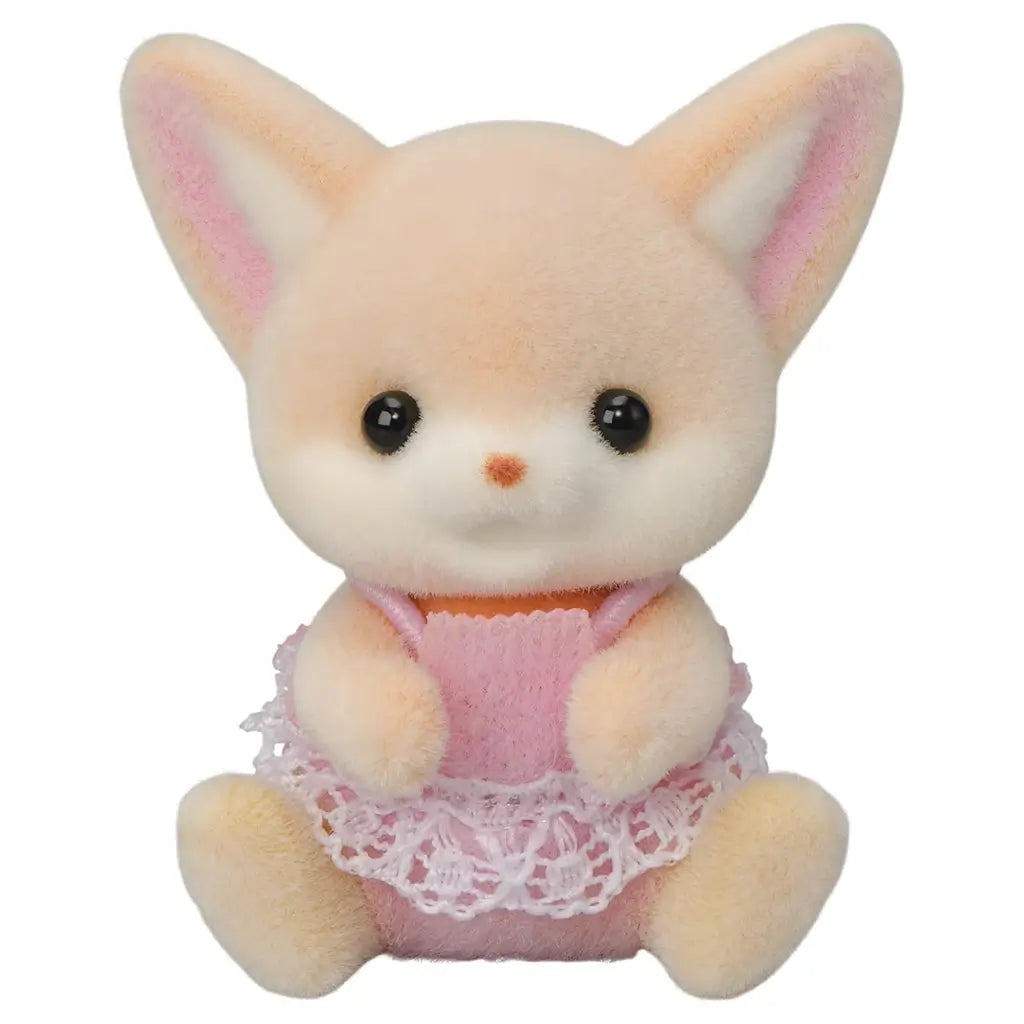 Calico Critters Fennec Fox Baby figure with large ears, soft tan fur, and pink lace-trimmed romper, designed for the Playtime Castle Nursery collection in the Sylvanian Families toy line.