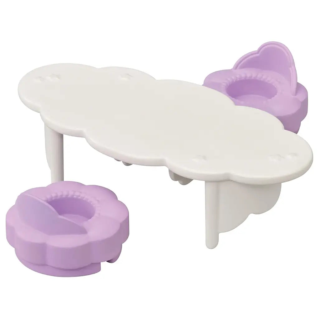 Small white cloud-shaped Calico Critters table with two lavender flower chairs, molded in durable plastic, designed to complement the Playtime Castle Nursery furniture collection.