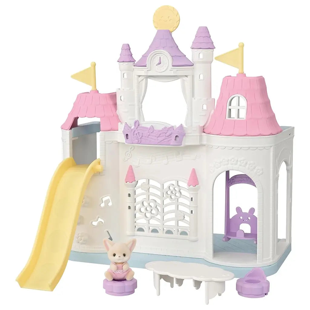 Calico Critters Playtime Castle Nursery playset in pastel pink, white, and lavender, featuring a yellow slide, musical details, and small animal figurine for imaginative dollhouse play.