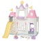 Calico Critters Playtime Castle Nursery playset in pastel pink, white, and lavender, featuring a yellow slide, musical details, and small animal figurine for imaginative dollhouse play.