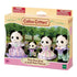 Calico Critters Pookie Panda Family package displays four black-and-white flocked panda figures in pastel outfits inside a windowed box with a garden backdrop.