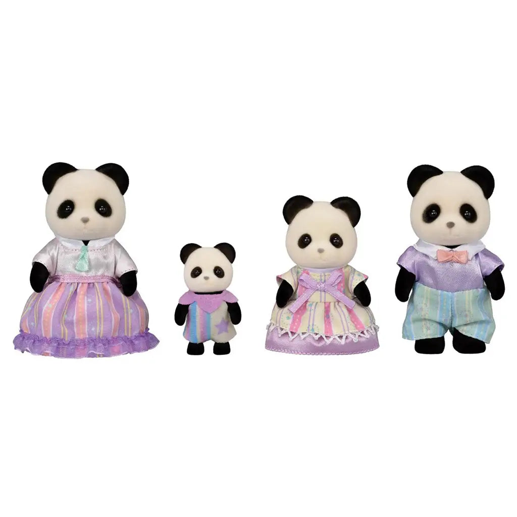 Calico Critters Pookie Panda Family features four black-and-white flocked panda figures wearing lavender, pink and blue pastel outfits, posed in a row on white.
