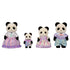 Calico Critters Pookie Panda Family features four black-and-white flocked panda figures wearing lavender, pink and blue pastel outfits, posed in a row on white.