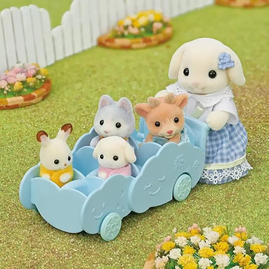 Calico Critters baby figures ride together in pastel blue baby carriage accessory pulled by a larger animal figure from the Rainbow Fun Nursery Bus set.