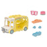 Calico Critters Rainbow Fun Nursery Bus toy set with yellow bus, pastel seats, pink merry-go-round, blue baby carriage, orange seesaw, and interior play features.