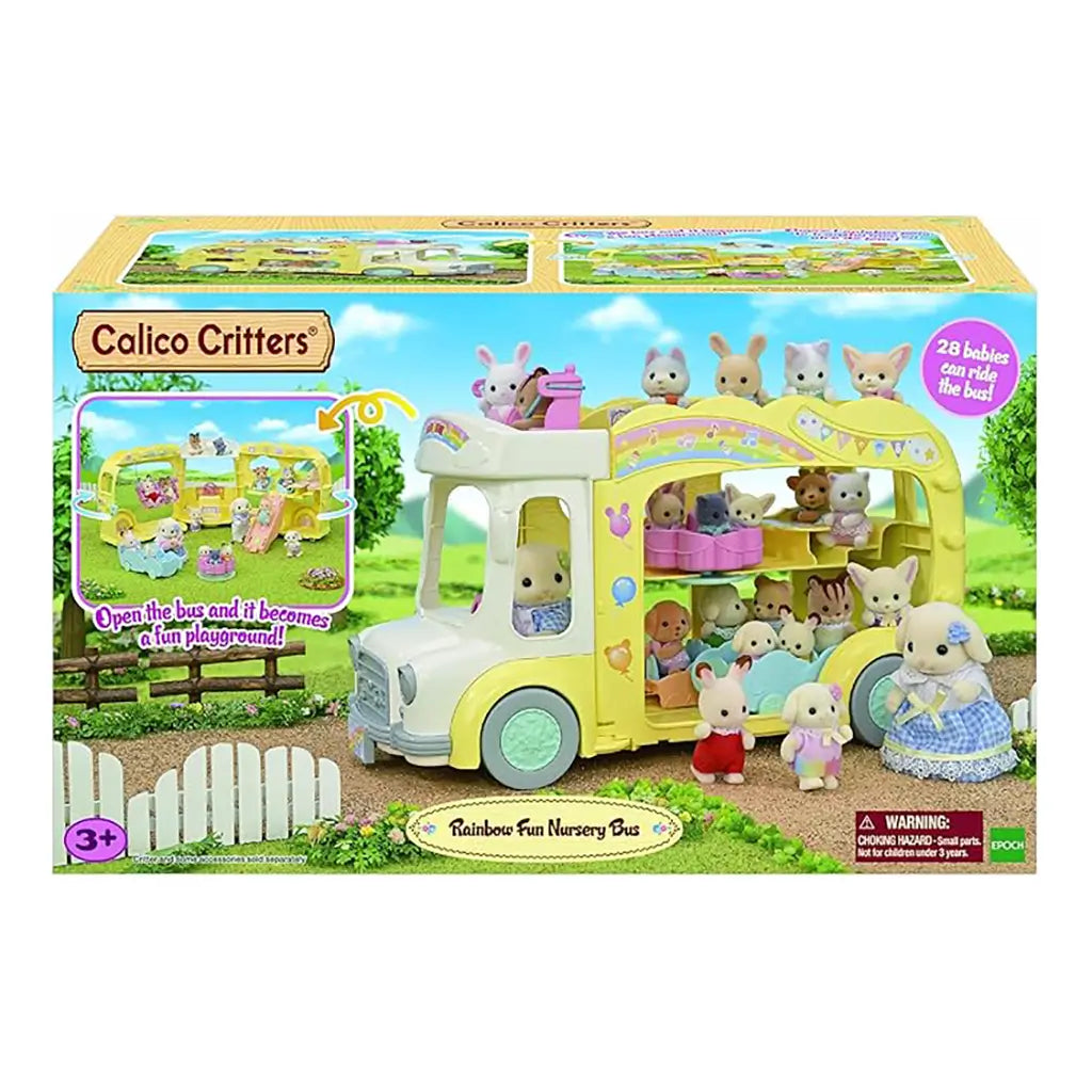 Retail packaging of Calico Critters Rainbow Fun Nursery Bus showing yellow bus carrying animal babies with play features like swings, merry-go-round, and compact design.