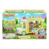 Retail packaging of Calico Critters Rainbow Fun Nursery Bus showing yellow bus carrying animal babies with play features like swings, merry-go-round, and compact design.