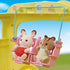 Close-up of Calico Critters rabbit and chipmunk baby figures seated in pink swing attachment inside the yellow Rainbow Fun Nursery Bus toy playset.