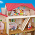 Calico Critters Red Roof Country Home interior close-up showing multiple rooms with wooden floors, toy furniture, baby crib, ladder, and animal figures playing together.
