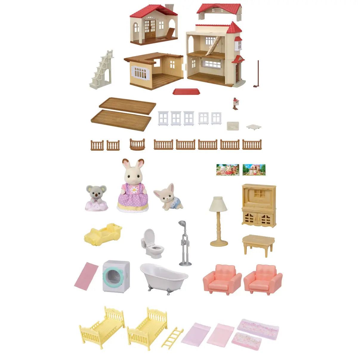 Calico Critters Red Roof Country Home included pieces show beige plastic house panels, railings, staircase, beds, bathroom fixtures, living room furniture, and small animal figures.