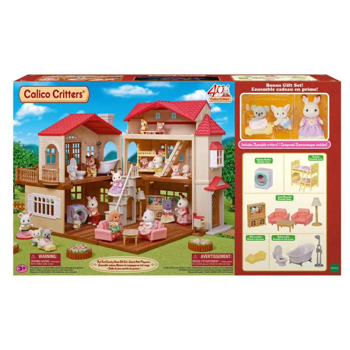 Calico Critters Red Roof Country Home gift set package front shows colorful box with dollhouse image, included furniture icons, bonus figures, and product details on bright background.