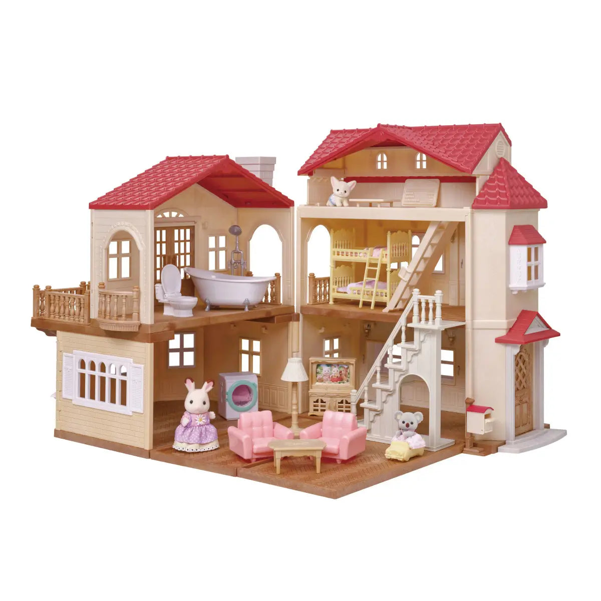 Calico Critters Red Roof Country Home gift playset features beige plastic dollhouse with red shingle roof, arched windows, balcony railings, and furnished rooms displayed on white background.